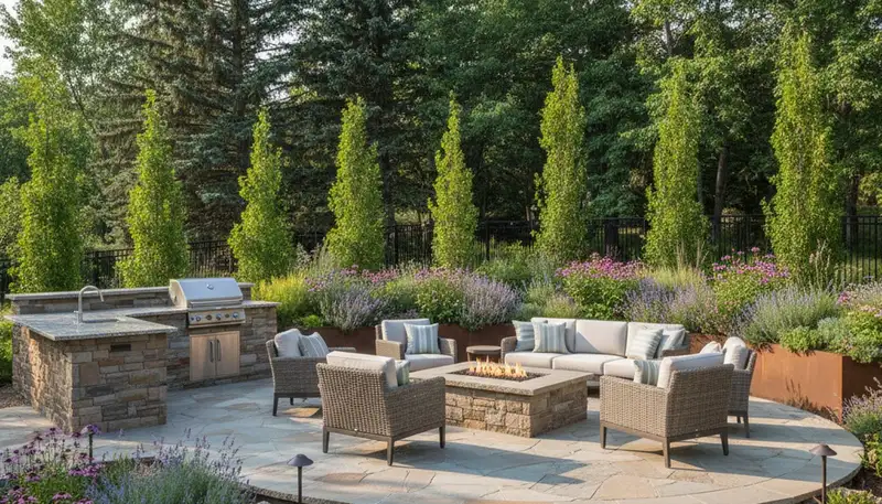 Backyard patio and landscape design with lighting and seating in Salt Lake City, UT by Chop Chop Landscaping
