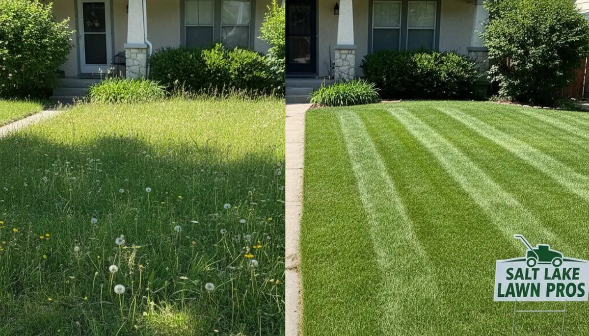 Before and after lawn mowing transformation by Chop Chop Landscaping in Salt Lake City, Utah