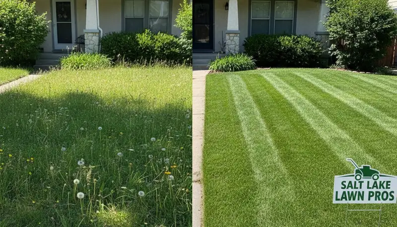 Before and after lawn mowing transformation by Chop Chop Landscaping in Salt Lake City, Utah