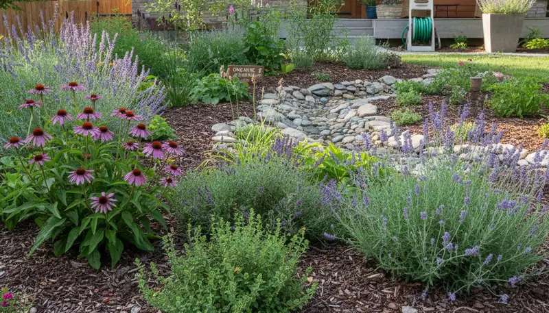 Organic landscape beds with natural mulch and native plants in Salt Lake City, UT by Chop Chop Landscaping