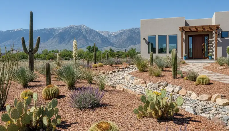 Professional desertscape design with native plants and rock mulch in Salt Lake City, UT landscaping project