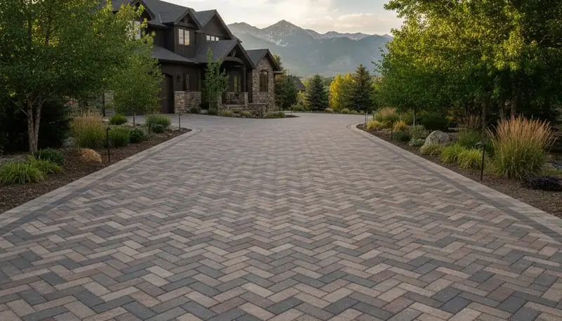 Interlocking paver driveway installation in Salt Lake City, UT showcasing clean lines and expert landscaping craftsma...