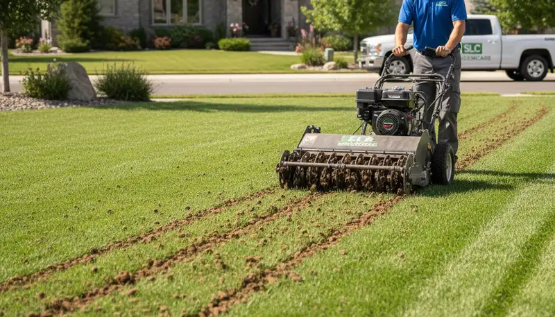 Professional core aeration on residential lawn in Salt Lake City UT showing soil plugs and aerator in use
