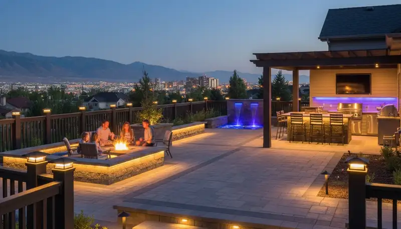 Deck and patio landscape lighting in Salt Lake City, UT showcasing post, step, and ambient illumination
