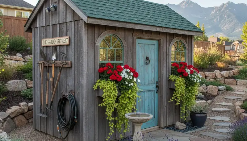 Decorative garden shed with custom landscaping in Salt Lake City, UT by Chop Chop Landscaping