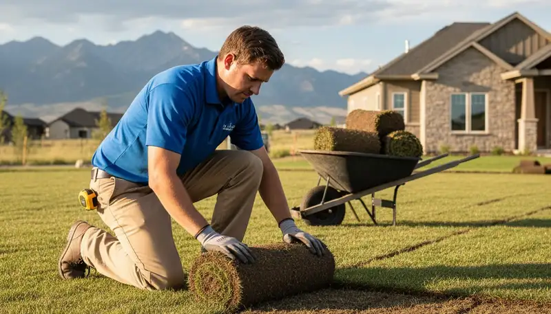 Professional landscaper installing fresh sod rolls in Salt Lake City, UT lawn for Chop Chop Landscaping