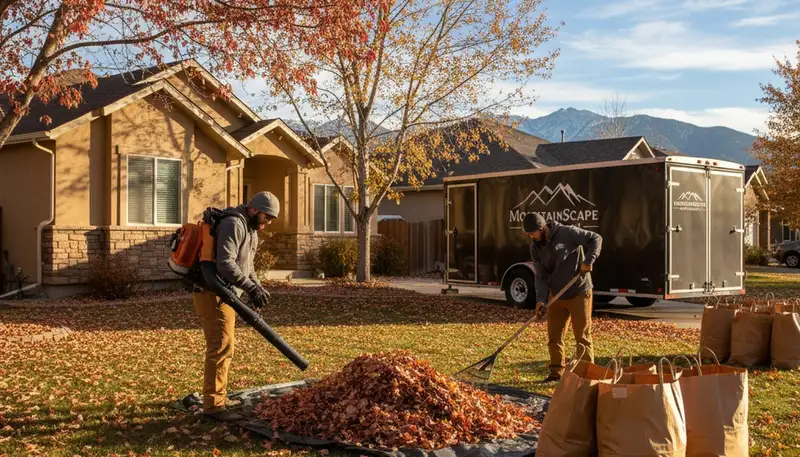 Landscapers performing fall leaf cleanup on residential lawn in Salt Lake City, UT