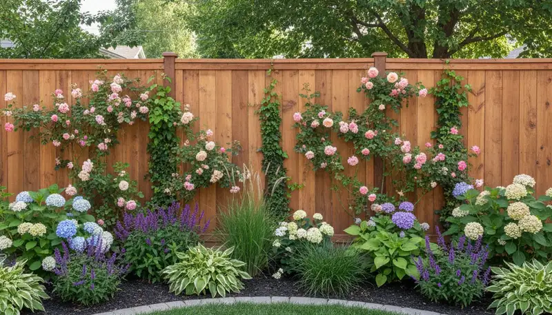 Professional fence installation with climbing plants and landscape beds in Salt Lake City, UT