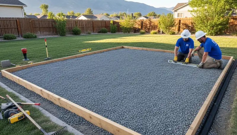 Professional gravel base preparation for shed installation by landscapers in Salt Lake City, UT