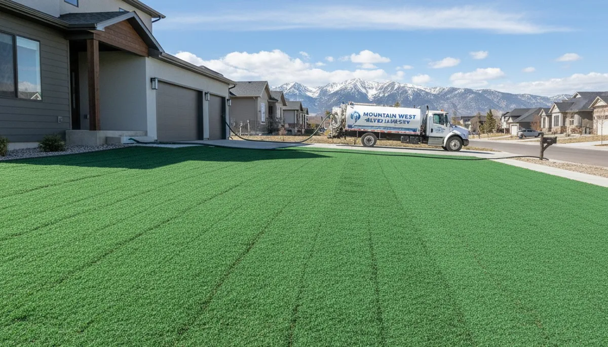 Fresh hydroseed slurry evenly applied on prepared lawn in Salt Lake City, UT by professional landscapers