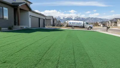 Fresh hydroseed slurry evenly applied on prepared lawn in Salt Lake City, UT by professional landscapers