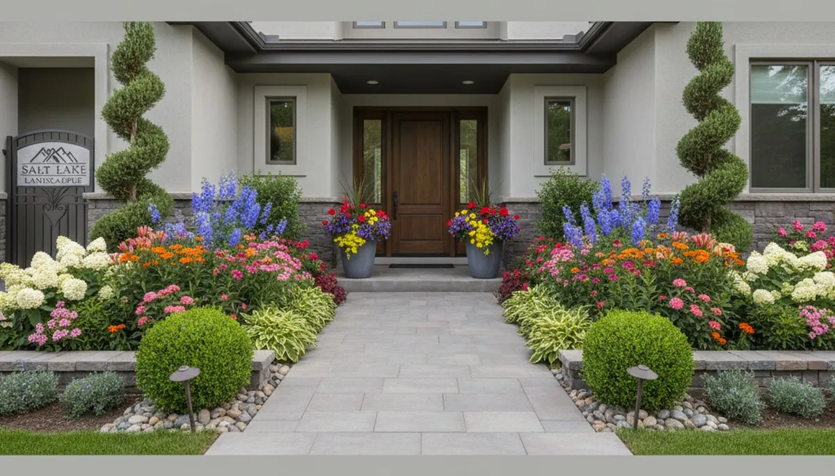 Front yard landscaping with colorful shrubs and flowers enhancing curb appeal in Salt Lake City, UT