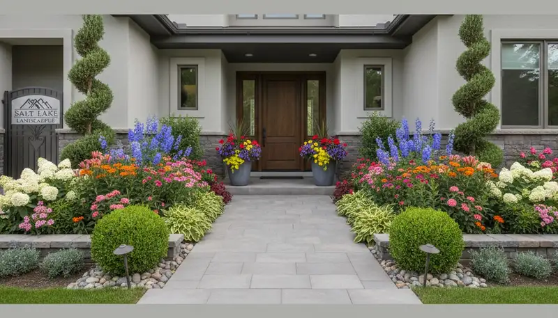 Front yard landscaping with colorful shrubs and flowers enhancing curb appeal in Salt Lake City, UT