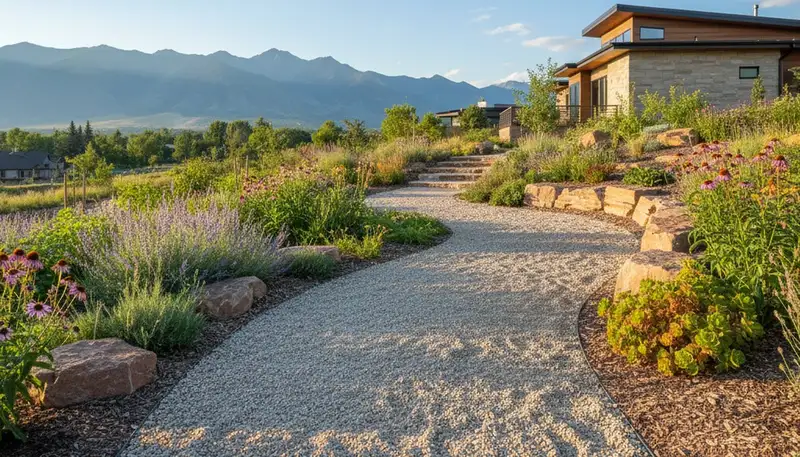 Pea gravel garden path in Salt Lake City, UT showcasing professional landscaping and drainage design