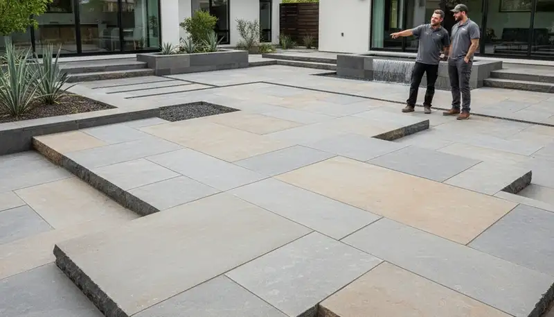 Modern large stone paver patio installation by Chop Chop Landscaping in Salt Lake City, Utah