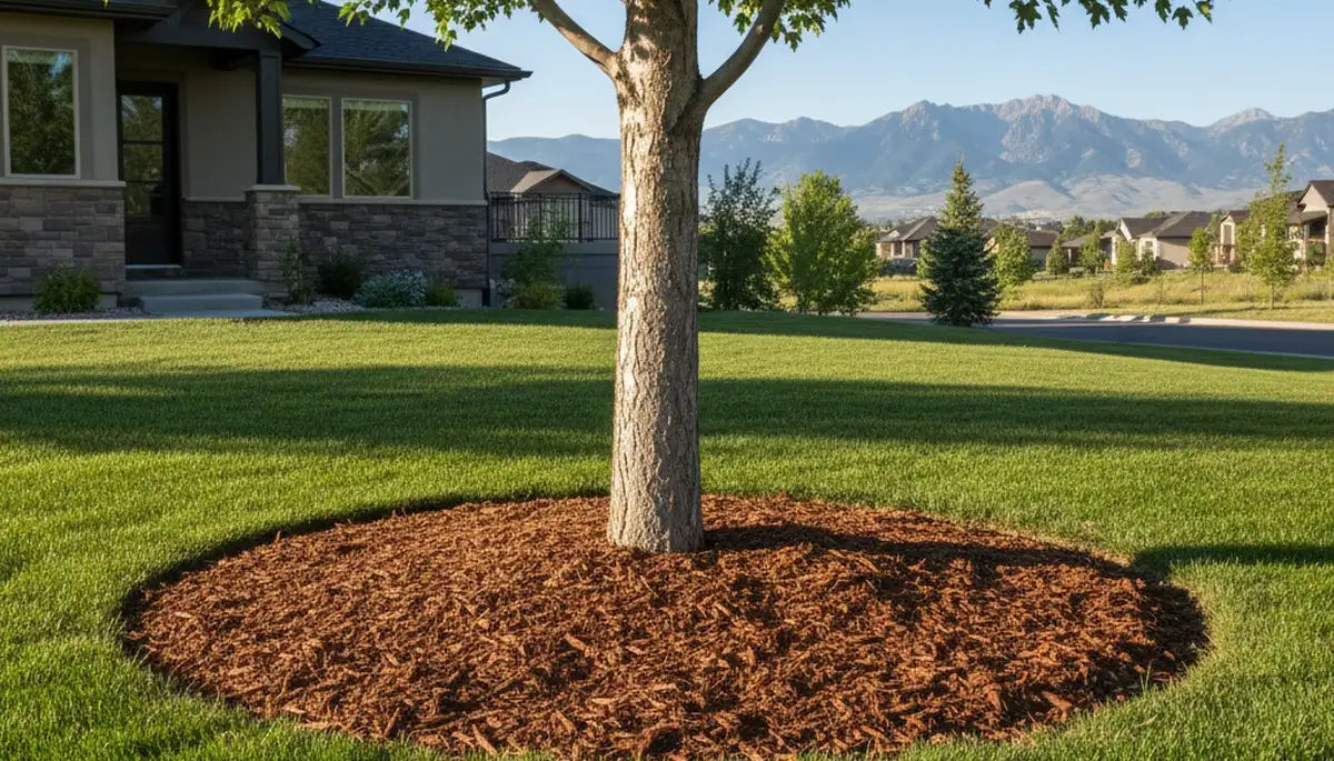 Properly mulched tree base with circular ring in Salt Lake City, UT by Chop Chop Landscaping