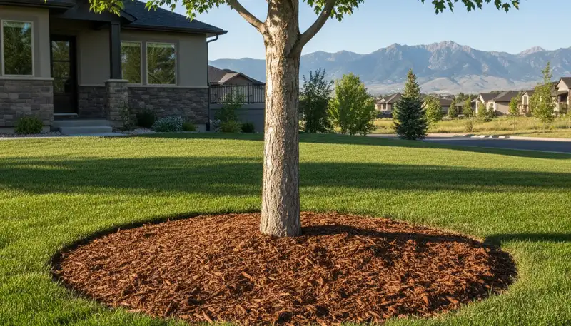 Properly mulched tree base with circular ring in Salt Lake City, UT by Chop Chop Landscaping