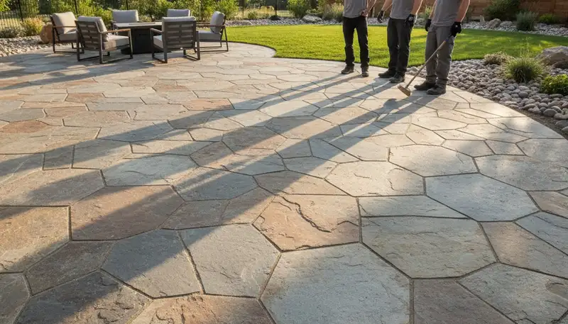 Natural flagstone patio with slate pavers installed by professional landscapers in Salt Lake City, UT