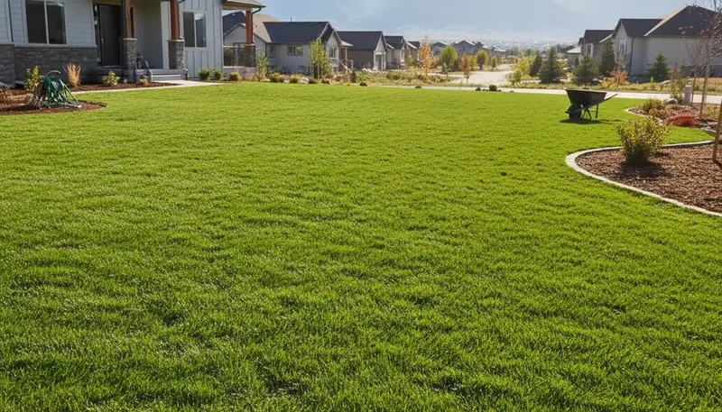 Freshly installed green sod lawn in Salt Lake City, UT showcasing professional landscaping transformation