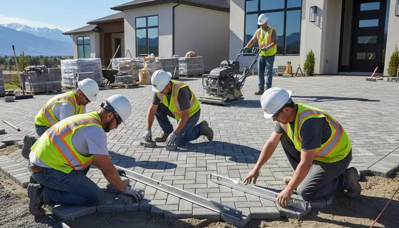 Professional landscapers installing driveway pavers in Salt Lake City, UT for Chop Chop Landscaping