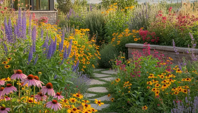 Pollinator-friendly native garden with bees and butterflies by organic landscapers in Salt Lake City, UT