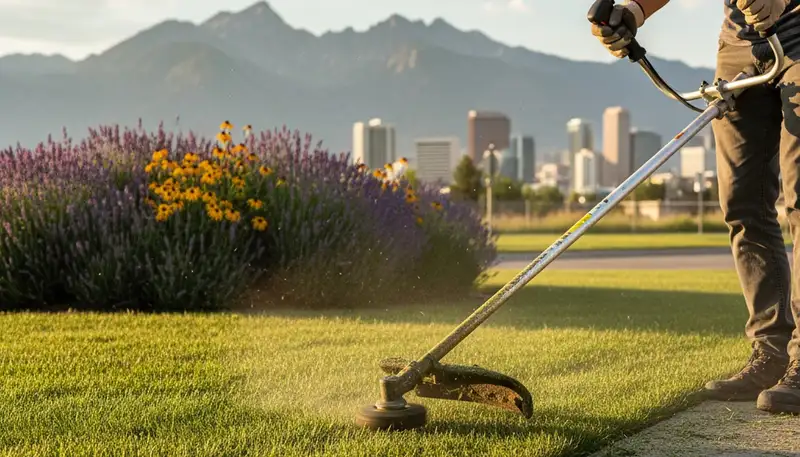 Technician edging lawn with string trimmer in Salt Lake City, UT for Chop Chop Landscaping maintenance