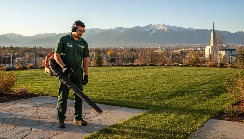 Technician using leaf blower for lawn cleanup and debris removal in Salt Lake City, UT landscaping service