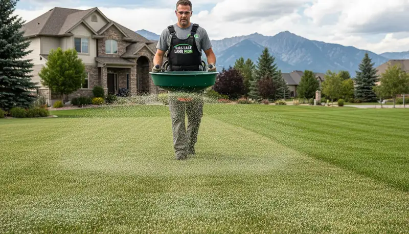 Lawn care technician applying fertilizer with spreader in Salt Lake City UT residential yard