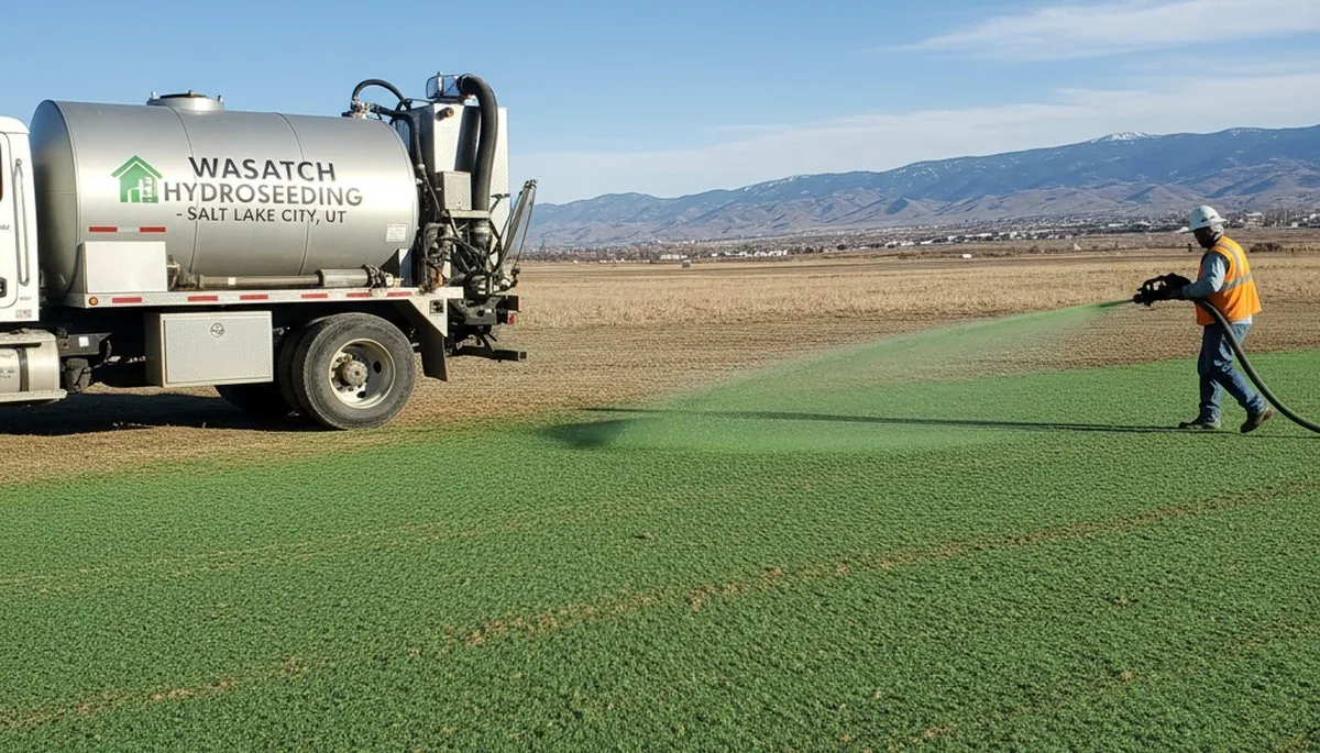 Hydroseeder truck spraying green slurry on new lawn in Salt Lake City UT by Chop Chop Landscaping