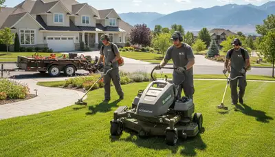 Professional lawn maintenance crew mowing and edging a residential yard in Salt Lake City, UT