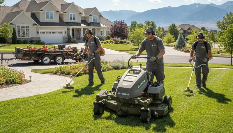 Professional lawn maintenance crew mowing and edging a residential yard in Salt Lake City, UT