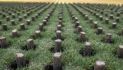 Soil core plugs after lawn aeration on grass in Salt Lake City, UT by professional landscapers