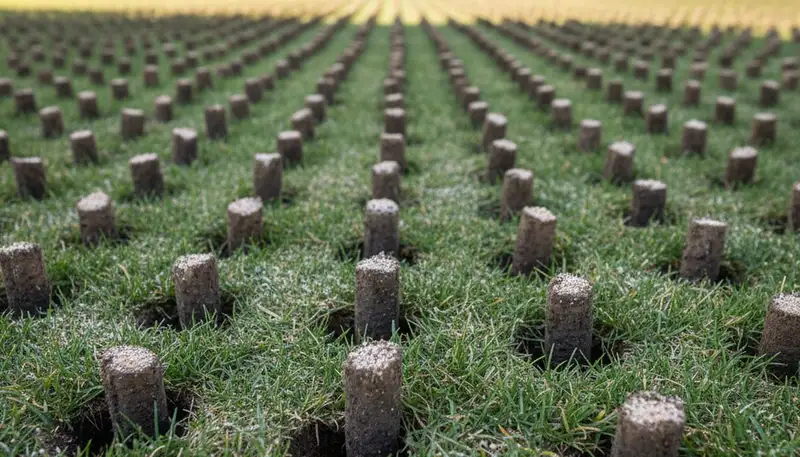 Soil core plugs after lawn aeration on grass in Salt Lake City, UT by professional landscapers