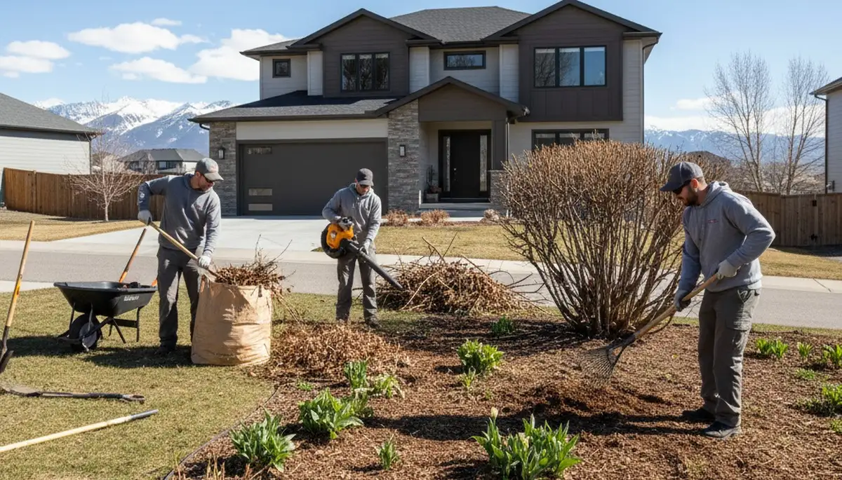 Professional yard cleanup crew removing winter debris in Salt Lake City UT during spring landscaping prep