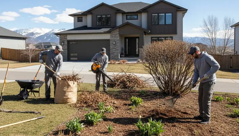 Professional yard cleanup crew removing winter debris in Salt Lake City UT during spring landscaping prep