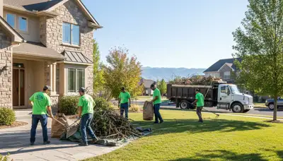 Landscapers clearing storm debris and fallen branches in Salt Lake City, UT yard cleanup service