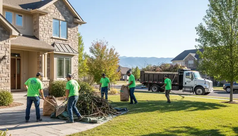 Landscapers clearing storm debris and fallen branches in Salt Lake City, UT yard cleanup service