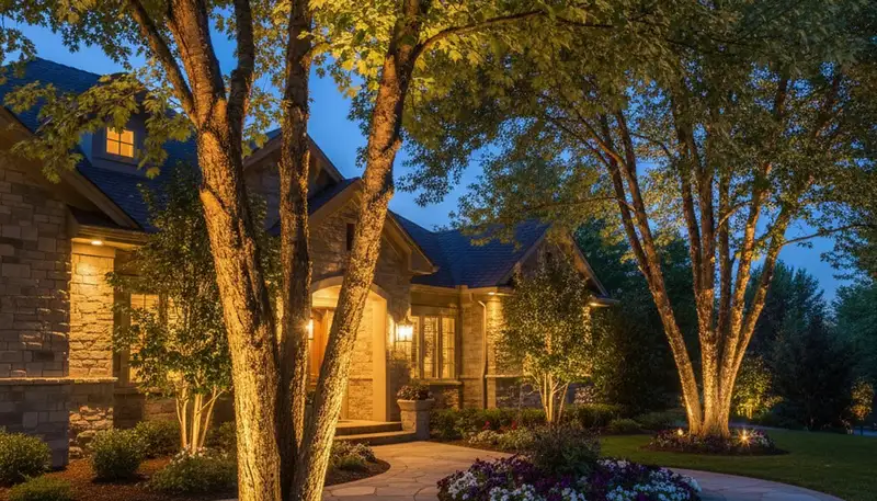 Tree uplighting at night by Chop Chop Landscaping in Salt Lake City, UT highlighting landscape lighting design